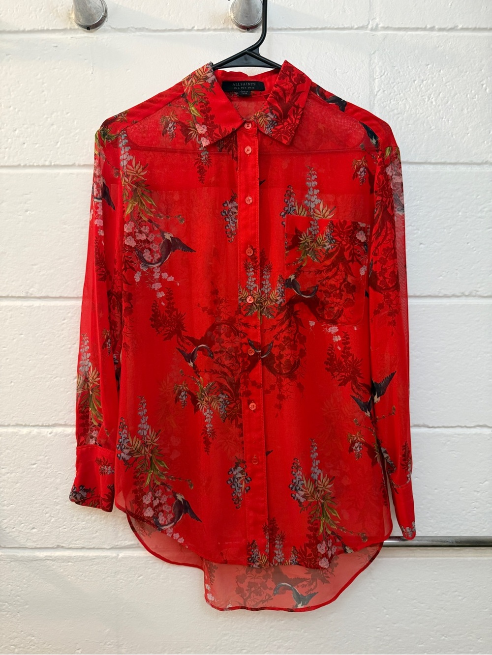 All Saints Red Floral & Bird Print Button-Down Shirt
